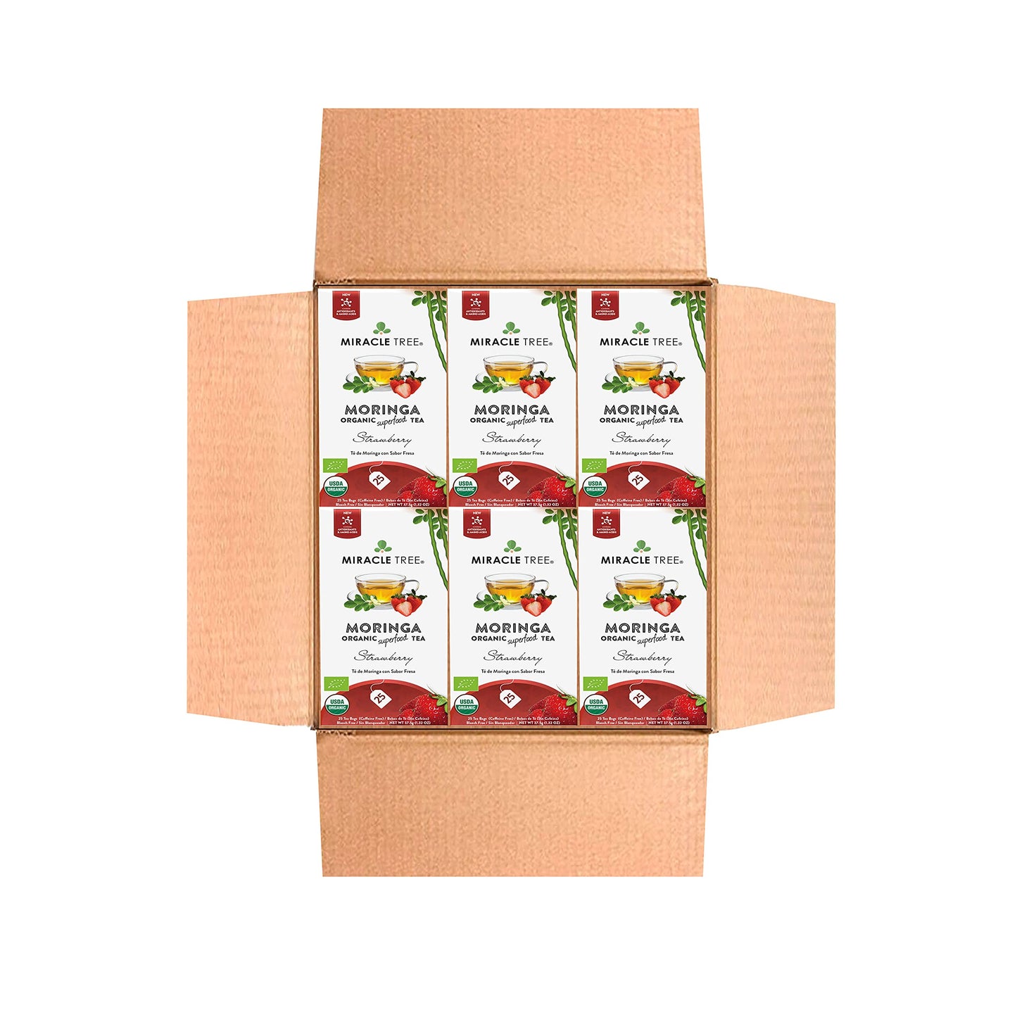 Miracle Tree Organic Moringa Superfood Tea - 6 Pack, 25 Individually Sealed Bags, Strawberry Flavor, Vegan, Gluten-Free, Caffeine-Free