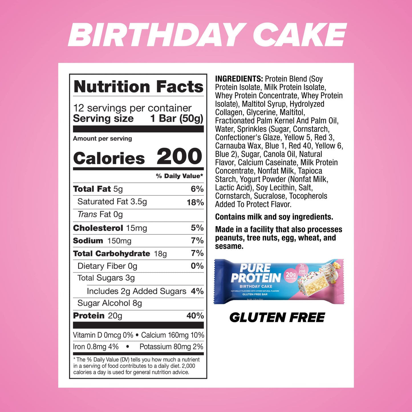 Pure Protein Bars, High Protein, Nutritious Snacks To Support Energy, Low Sugar, Gluten Free, Birthday Cake, 1.76 Oz, Pack Of 12 (Packaging May Vary)