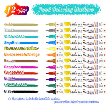 Food Coloring Marker Pens,12Pcs Dual Sided Food Grade And Edible Markers With Fine&Thick Tip,Edible Pen Gourmet Writers For Decorating Cake,Cookies,Fondant,Frosting,Easter Eggs,Painting,Drawing,Baking