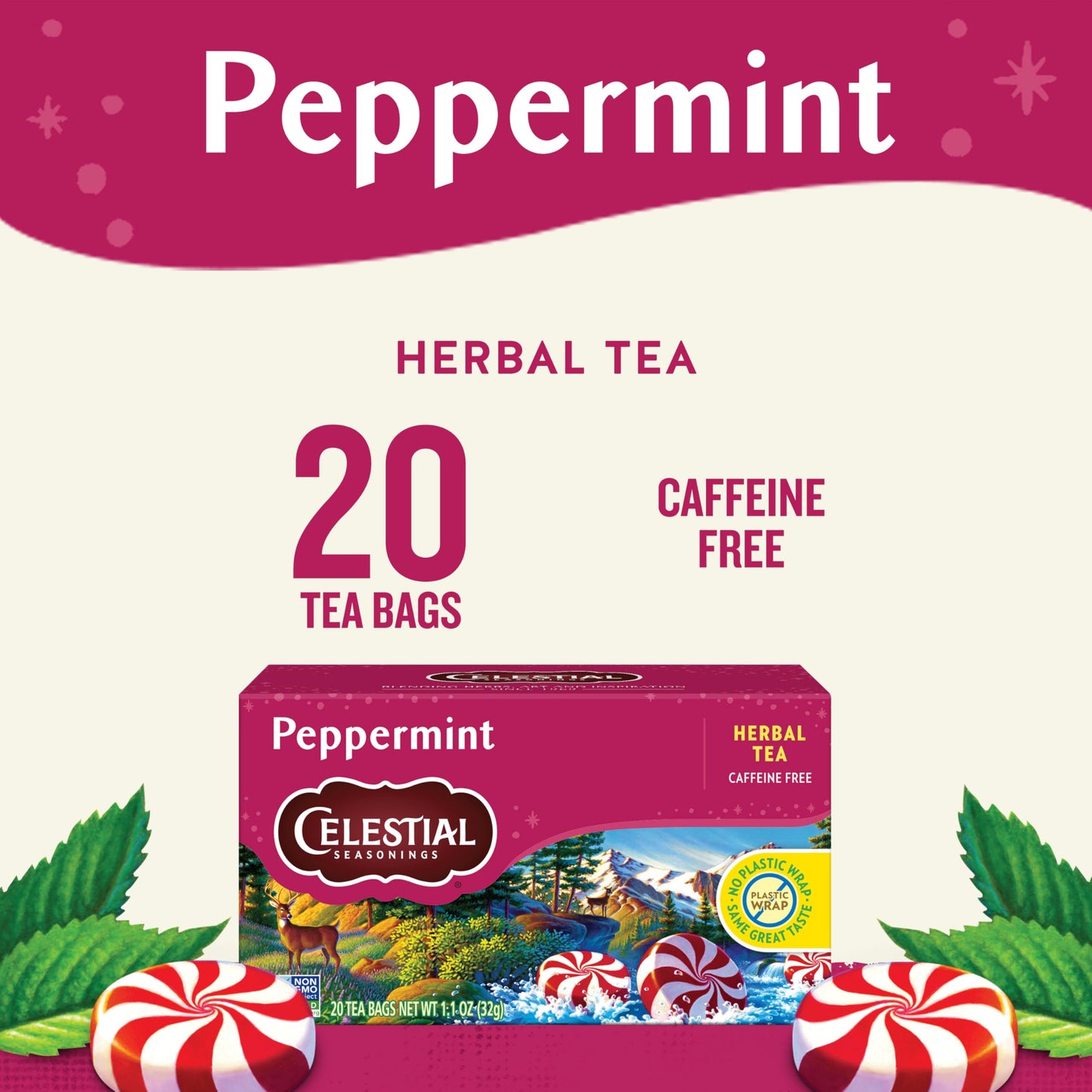 Celestial Seasonings Herbal Tea, Peppermint, Pack of 4, 20 Count