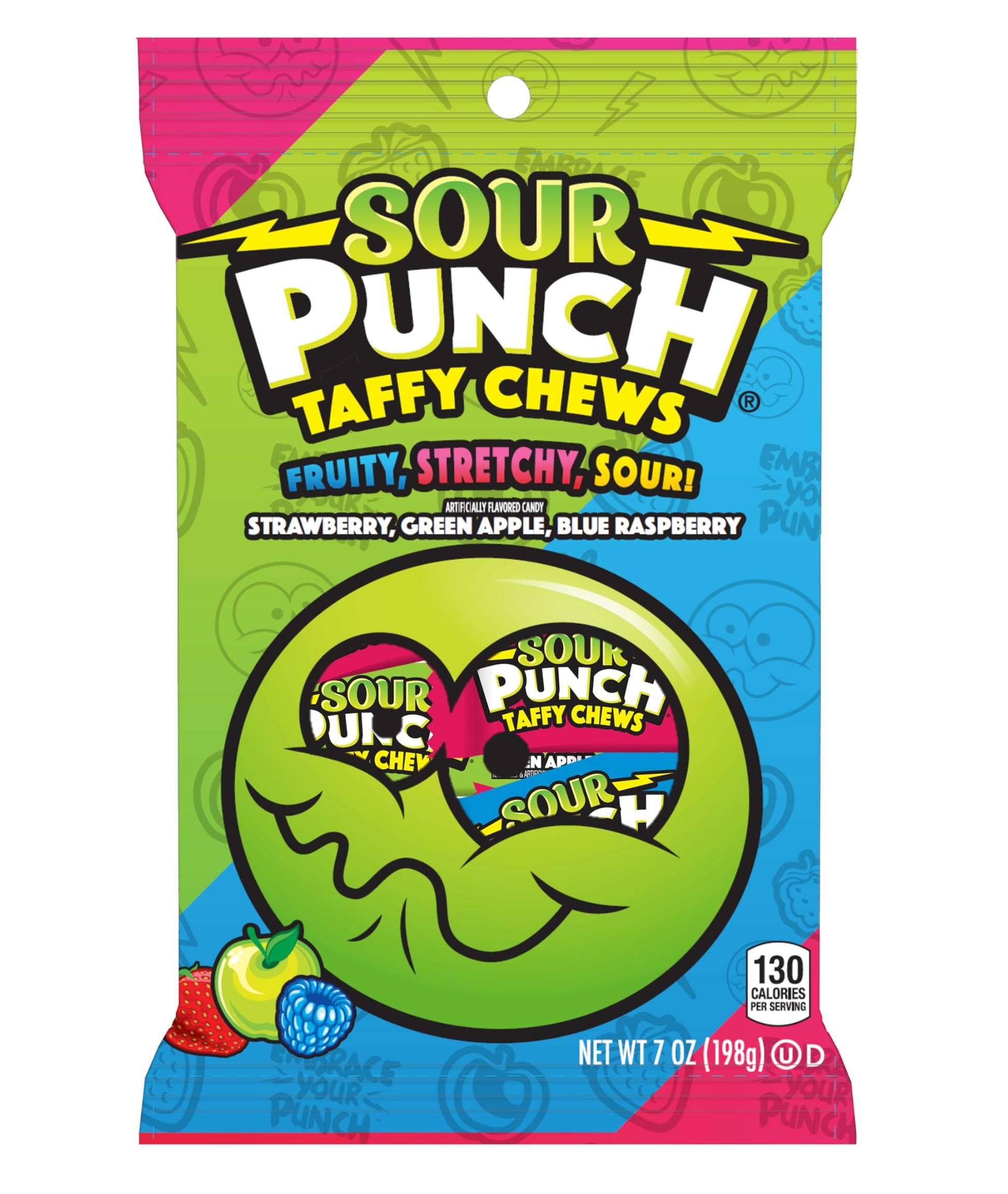 Adams & Brooks Sour Punch Chews Candy - Green Apple, Strawberry, Blue Raspberry - 7 Ounce Bag