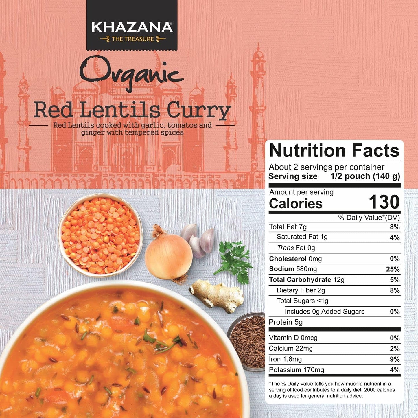 Khazana Organic Ready To Eat Meals - Red Lentils Curry (Pack Of 1, 10Oz Pouches) - Non-Gmo, Vegan, Gluten Free & Kosher - Authen