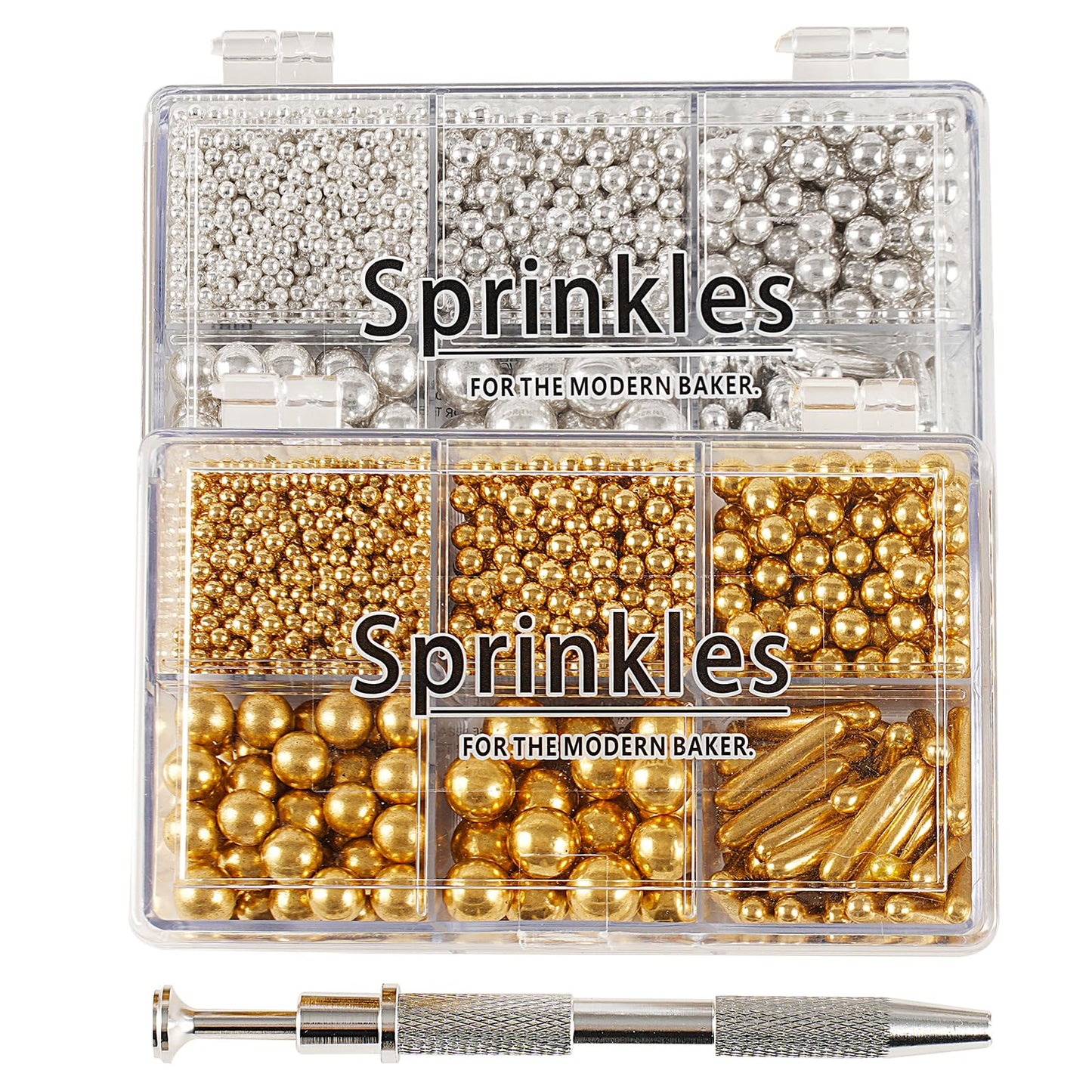 Kasvan Gold and Silver Sugar Sprinkles - Edible Candy Pearls with 4-Claw Sprinkle Pen,8.32Oz, Gift Box Pack, Baking Cake Decorat