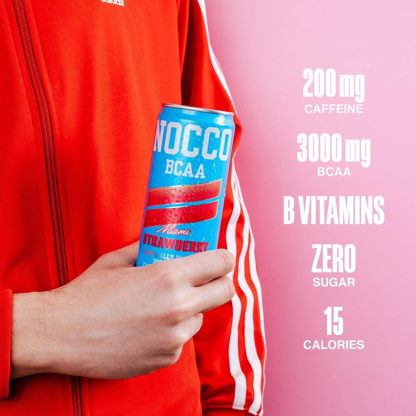 NOCCO BCAA Energy Drink - Miami Strawberry, Sugar Free, 180mg Caffeine, 12 Fl Oz Cans, Pack of 12