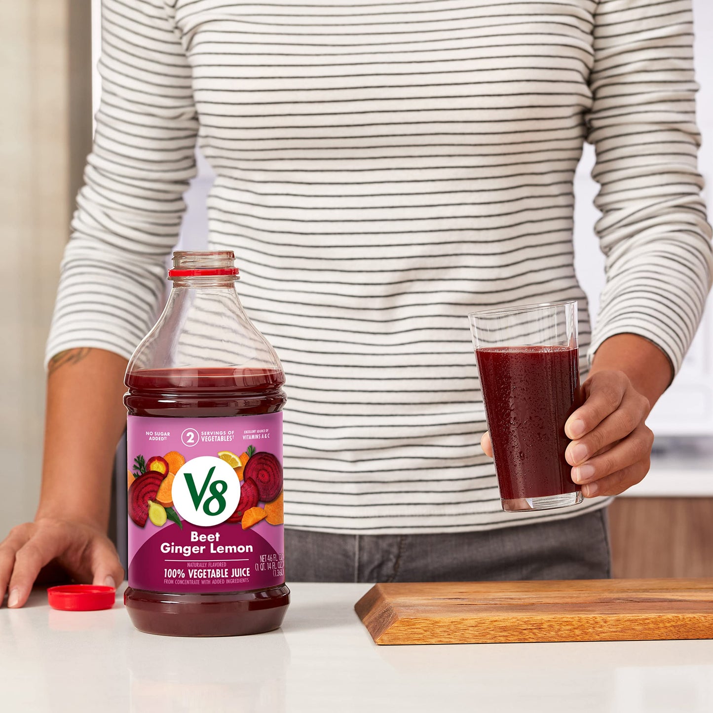 V8 Beet Ginger Lemon 100% Vegetable Juice, Naturally Flavored Vegetable Juice From Concentrate, 46 FL OZ Bottle (Pack of 6)