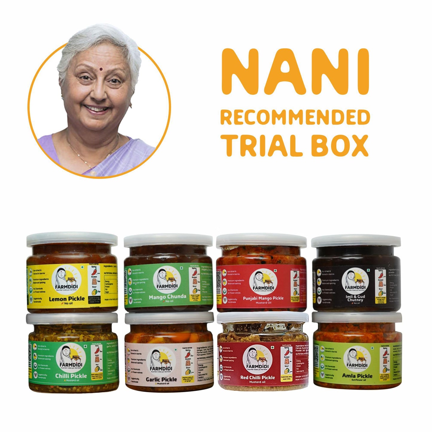 Farm Didi Nanis Special Trial Pack Of 8 | Authentic Homemade Traditional Achar & Chutney | Tv Featured | Spicy & Sweet Pickles |