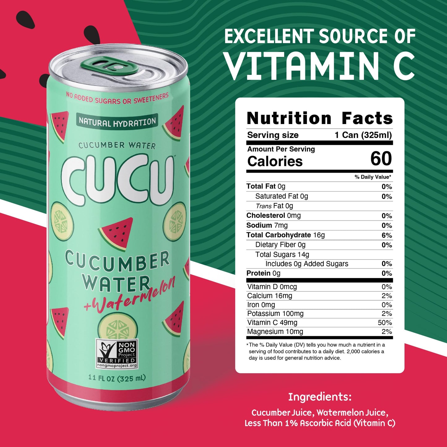CUCU Cucumber Water + Watermelon Water - Natural Hydration from Cucumbers with Vitamin C, Electrolytes & Antioxidants - No Sugar