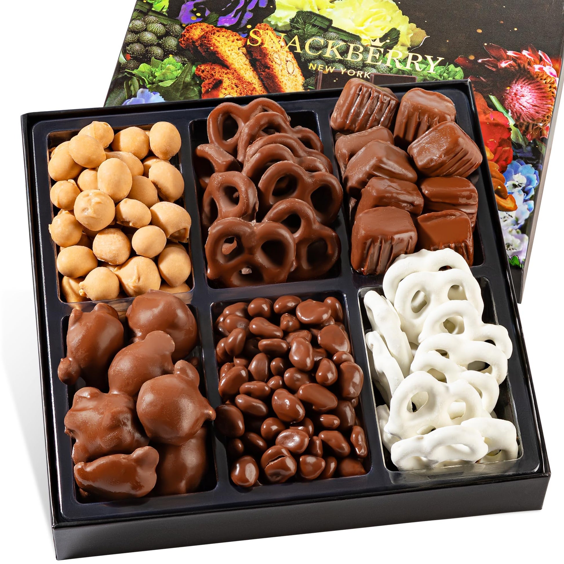 Snackberry Top-Grade Chocolate Gift Box - Gourmet Assortment With Chocolate Pretzels  Maple Nuts  Yogurt Pretzels & Milk Chocolate Caramels - Perfect For Holidays  Birthdays & Corporate Gifts (6-Pack)