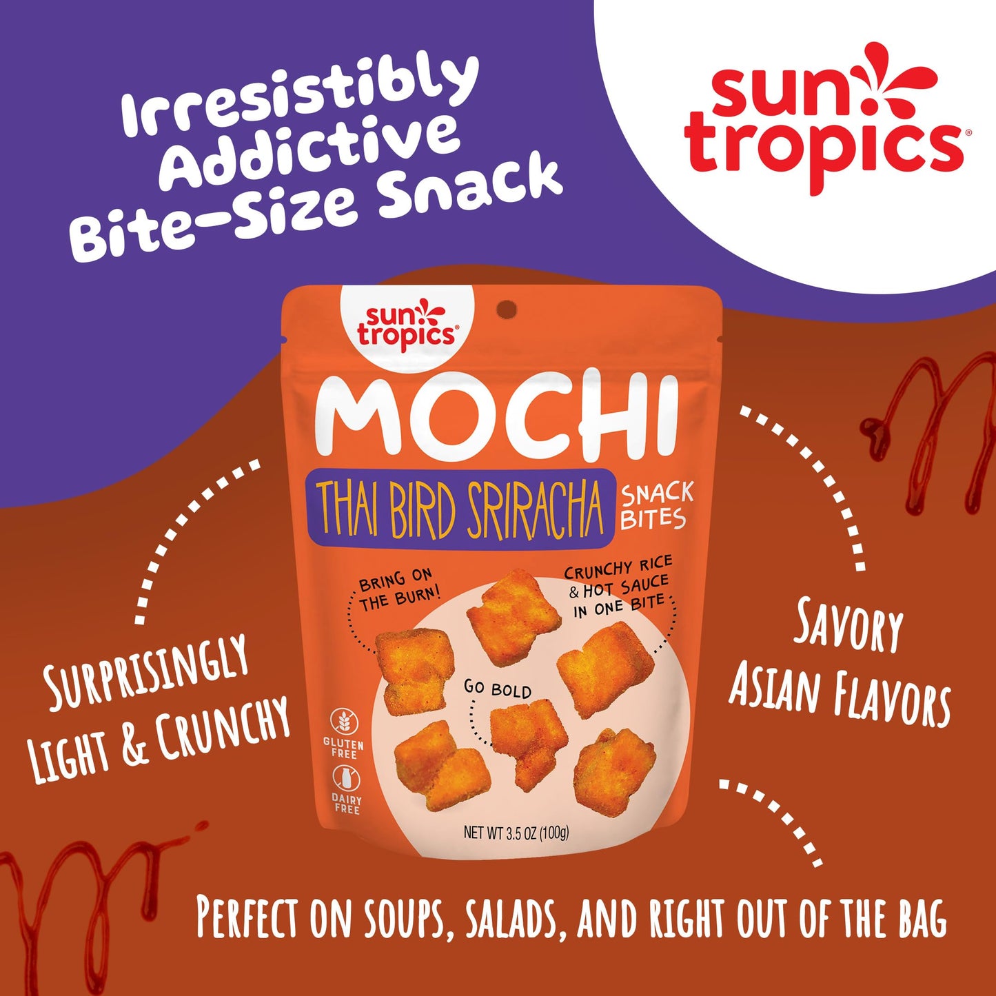 Sun Tropics Mochi Snack Bites, Thai Bird Sriracha Flavor- 3.5 oz (6 Pack)| Crispy Spicy Mochi Bites, Rice Nuggets | Mochi Puff R