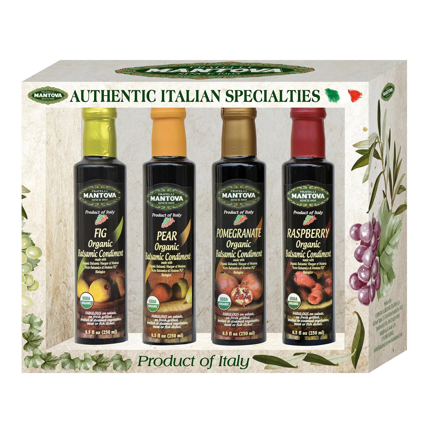 Mantova Organic Flavored Balsamic Vinegar Of Modena 4-Variety Pack: Fig, Pear, Pomegranate, & Raspberry; Perfect For Gift Basket, Add To Pasta, Salad, Ice Cream And Cocktails, 8.5 Oz Per Bottle