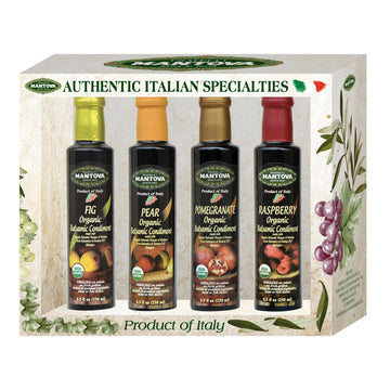 Mantova Organic Flavored Balsamic Vinegar Of Modena 4-Variety Pack: Fig, Pear, Pomegranate, & Raspberry; Perfect For Gift Basket, Add To Pasta, Salad, Ice Cream And Cocktails, 8.5 Oz Per Bottle