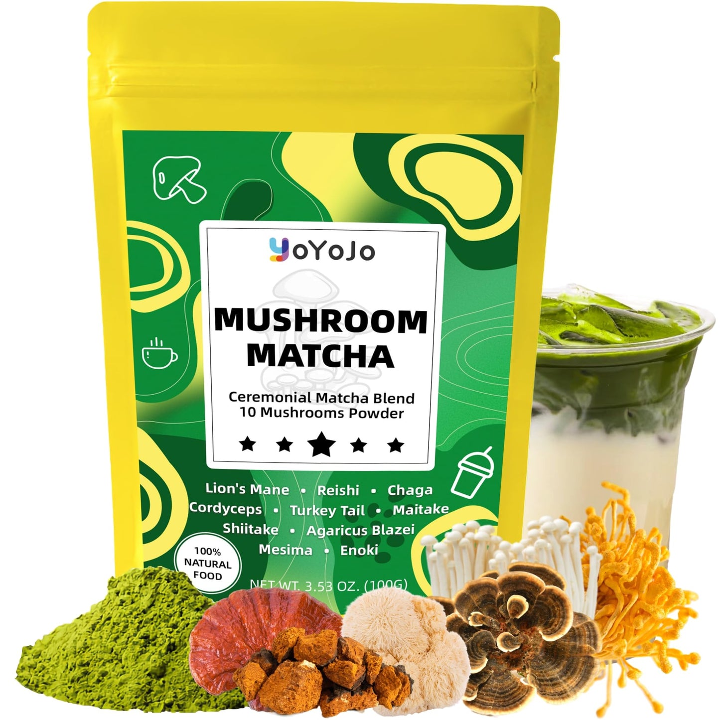 Mushroom Matcha, 10 Superfood Mushroom Powder Blend with Japanese Ceremonial Grade Matcha, Mushroom Coffee Alternative for Energ