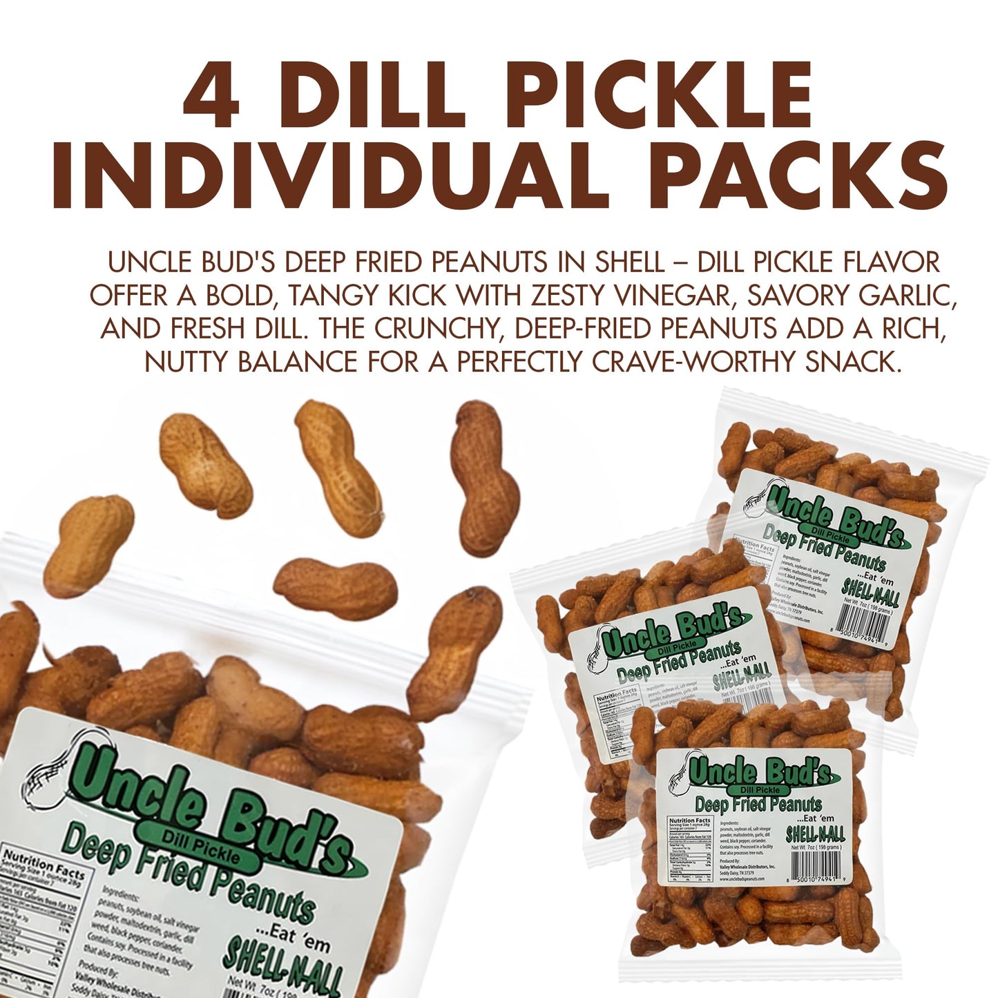 Jerky-n-Spice Uncle Buds Dill Pickle Deep Fried Peanuts (4-Pack) | High-Protein Snack | Made in the USA