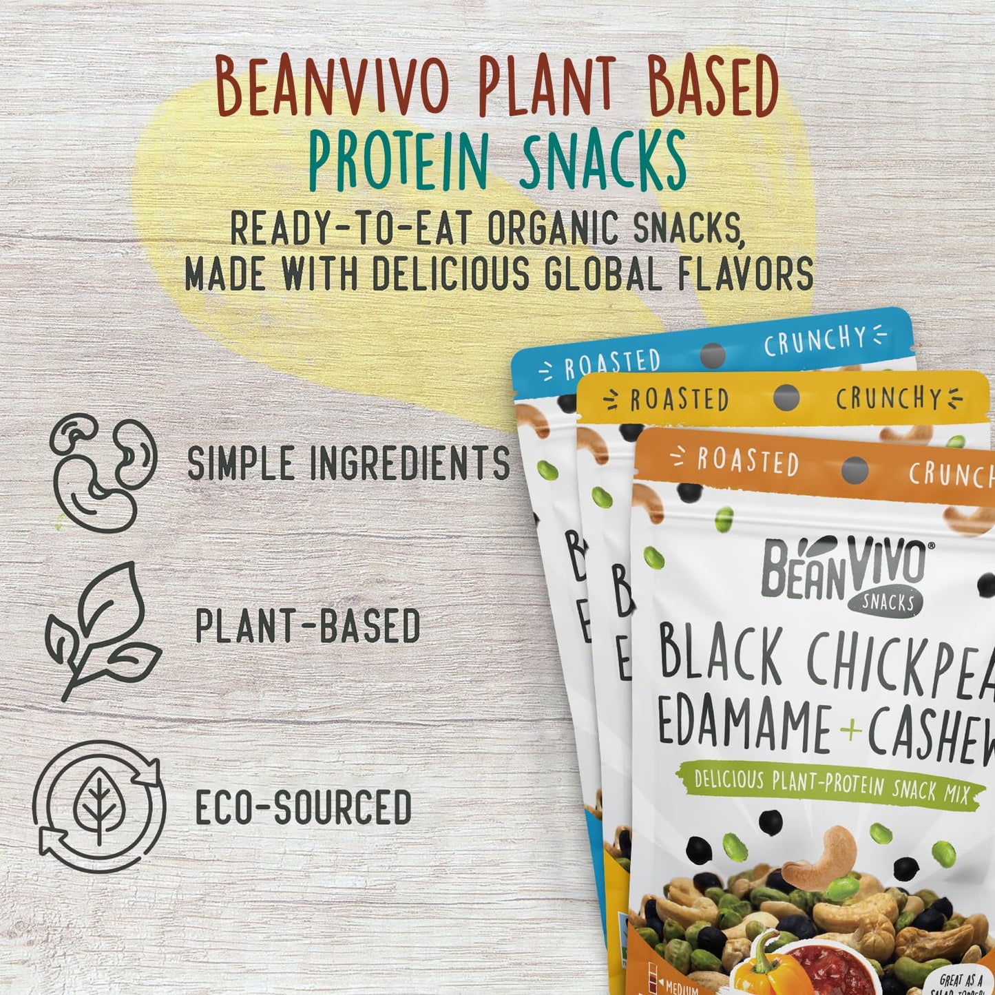 BeanVIVO Plant Based Protein Snacks - (7 Gram Protein) Sea Salt, Habanero BBQ & Dill Pickle with Dried Edamame, Roasted Cashew a