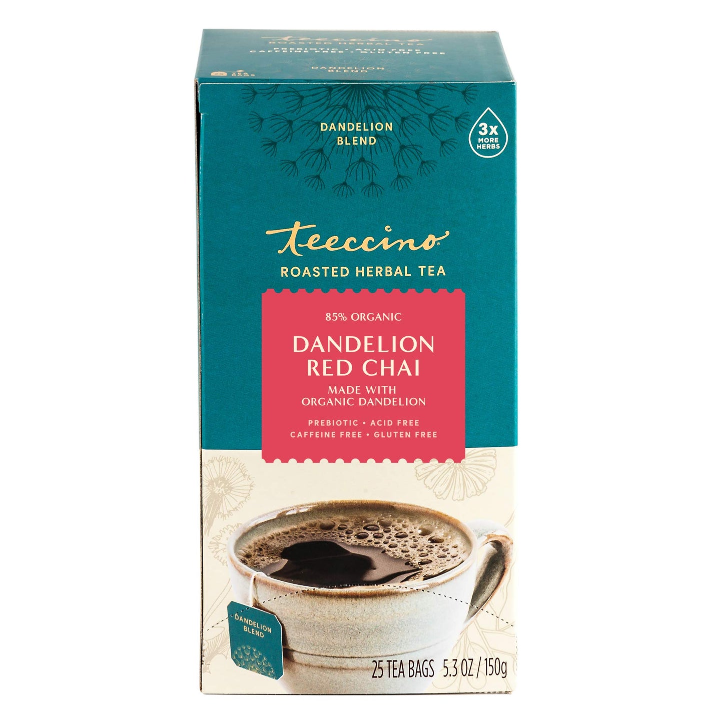 Teeccino Dandelion Red Chai Tea - Caffeine-Free Herbal Tea with Prebiotics, 25 Tea Bags, Gluten Free