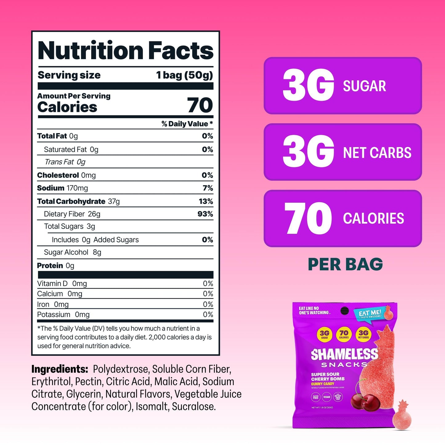 Shameless Snacks Keto Gummies - Low Calorie, Gluten Free, Sour Cherry   - 6 Count