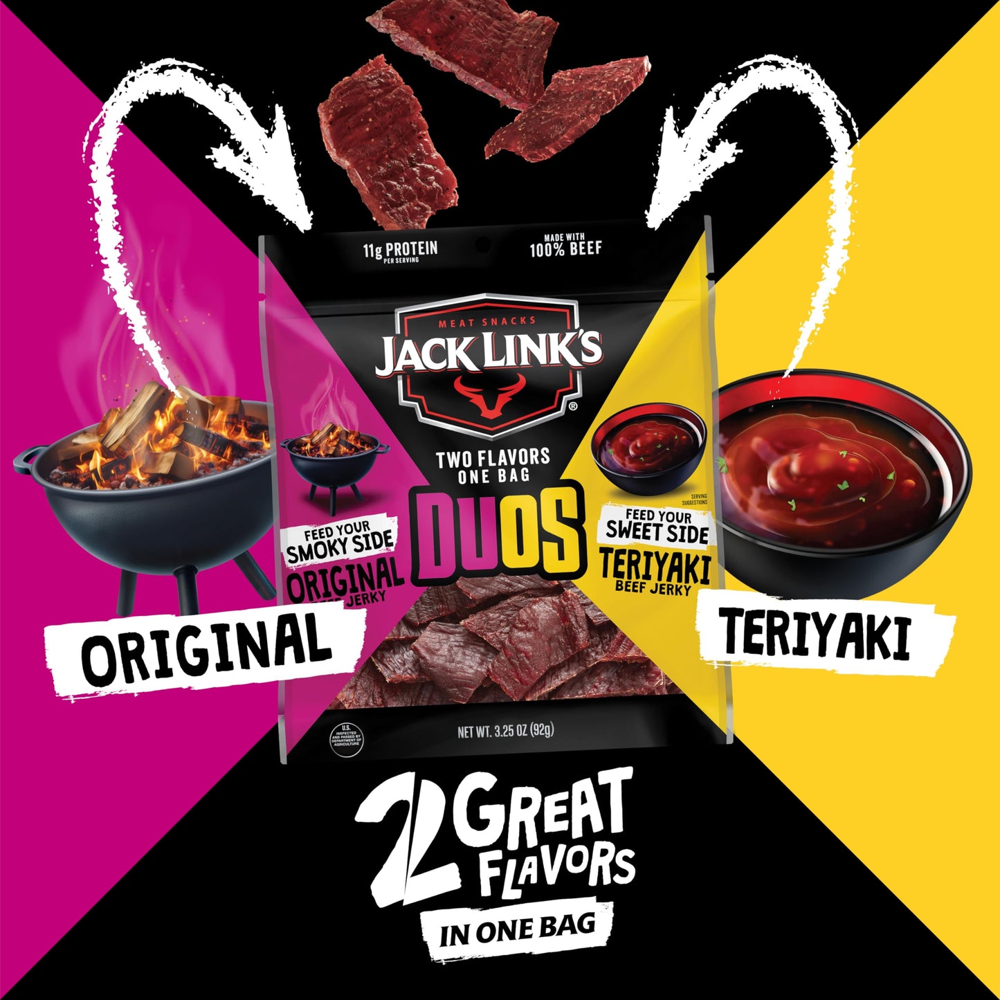Jack Link s DUOs Original and Teriyaki Beef Jerky  Shareable Under 100 Calories Snack Packs with 11g of Protein  Great Stocking Stuffers  Bulk Pack of Individual Bags of Meat Snacks - 3.25oz (4 Count)