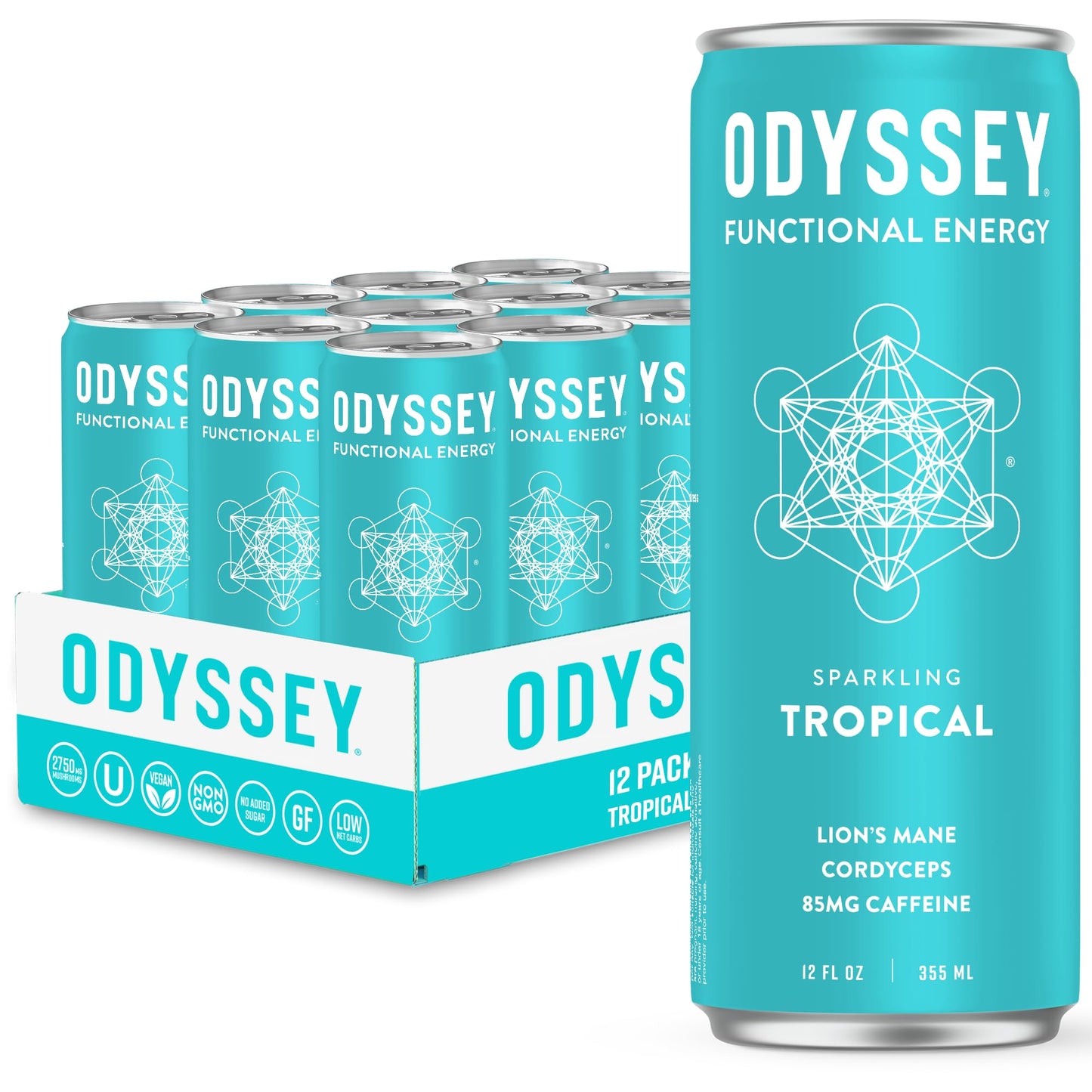 Odyssey Elixir Cognition + Sustainable Energy - LionS Mane  Cordyceps  L Theanine  Flavor Blendseng & 85Mg Green Tea Energy Blend - 0 Added Sugar - No Jitters Or Crash - Tropical - 12 Fl Oz  12 Pack