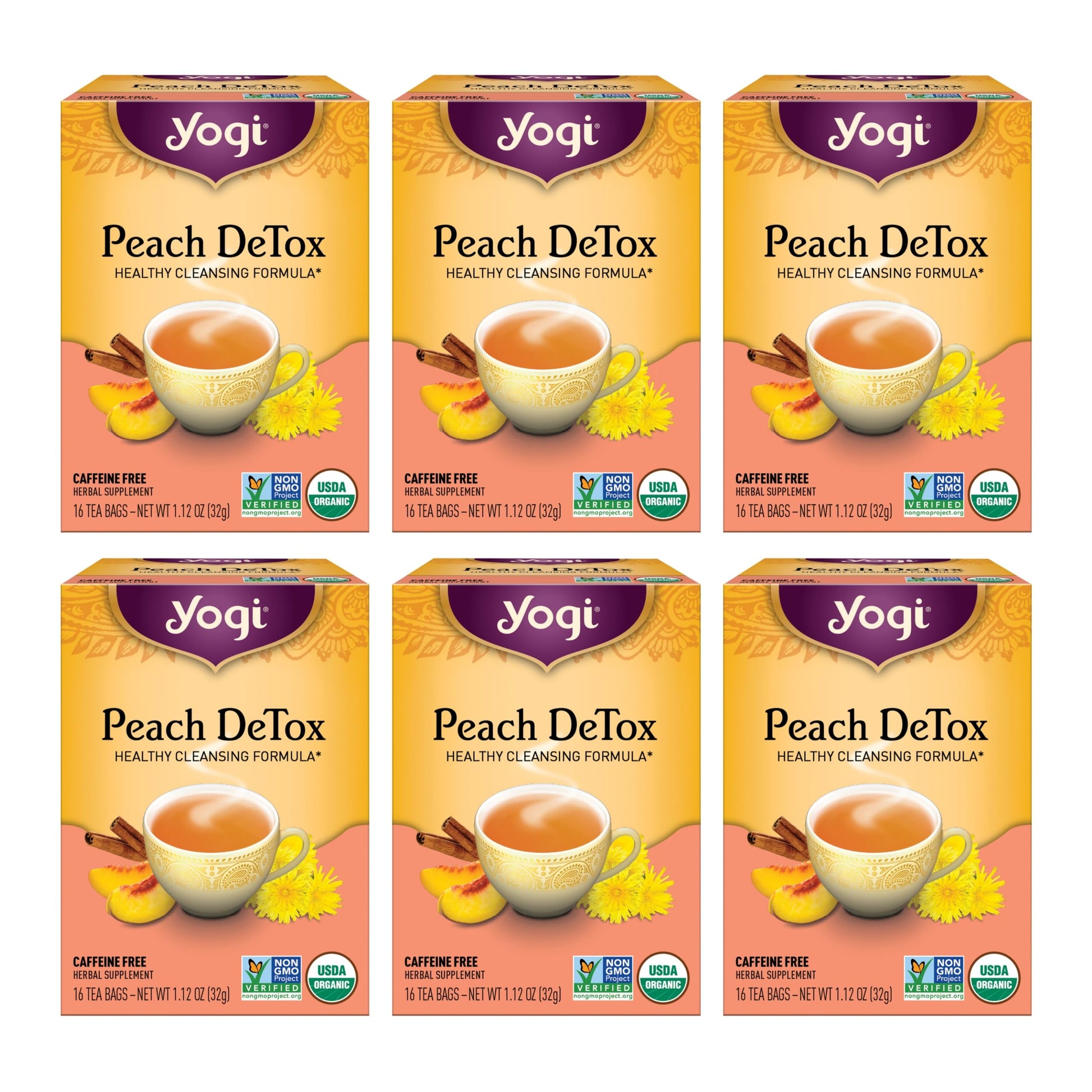 Yogi Tea Peach DeTox - Caffeine Free Herbal Tea Bags, 96 Count (6 Pack) - Ayurvedic Cleansing Formula