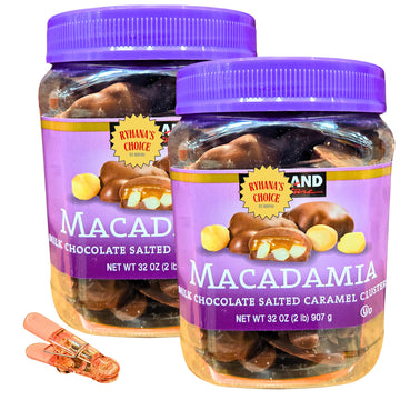 Milk Chocolate Salted Caramel Macadamia Clusters, 32 oz, 2 Pack with Bonus Bag Sealer Clip by RH940