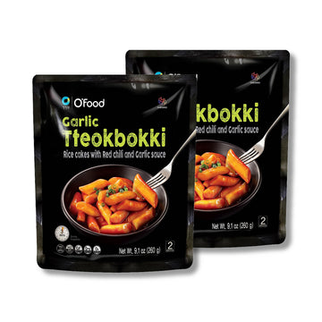 C OFood Garlic Tteokbokki  Gluten-Free Korean Rice Cakes  Authentic Spicy Korean Street Food Snack  Perfect with Cheese and Ramen Noodles  Ready to Eat  No MSG  No Corn Syrup  Pack of 2