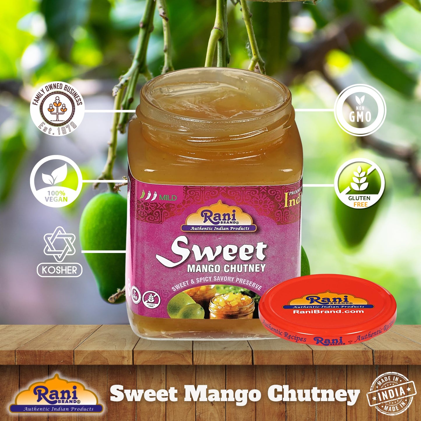 Rani Sweet Mango Chutney (Indian Preserve) 12.3Oz (350G) Glass Jar, Ready To Eat, Vegan, Pack Of 5+1 ~ Gluten Free, All Natural,