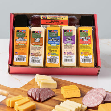 Wisconsin Cheese Company - Specialty Cheese & Summer Sausage Gift Box - 100% Wisconsin Gouda  Smoked Cheddar  Salami  Tomato Basil Cheddar  Swiss (Pack of 5 Blocks) | Perfect for Parties  Charcuterie Boards and Birthdays | Great Birthday Gift