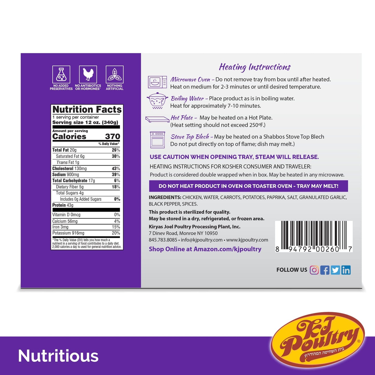 Kj Poultry Kosher For Passover Gluten Free Meals, Roast Chicken With Potato & Carrots, Halal, (6 Pack) Prepared Entree Fully Coo