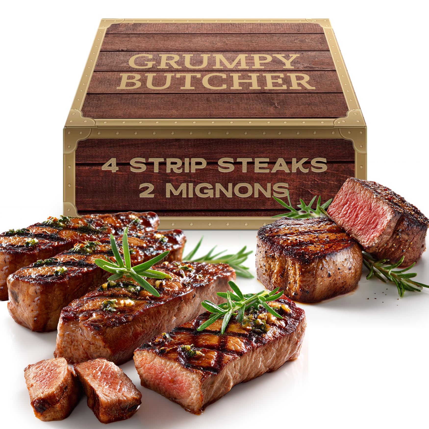 Dens Hot Dogs Grumpy Butcher 6 Steaks Sampler Set - 2 Large Filet Mignons & 4 New York Strip Steaks - Gourmet Gift Box