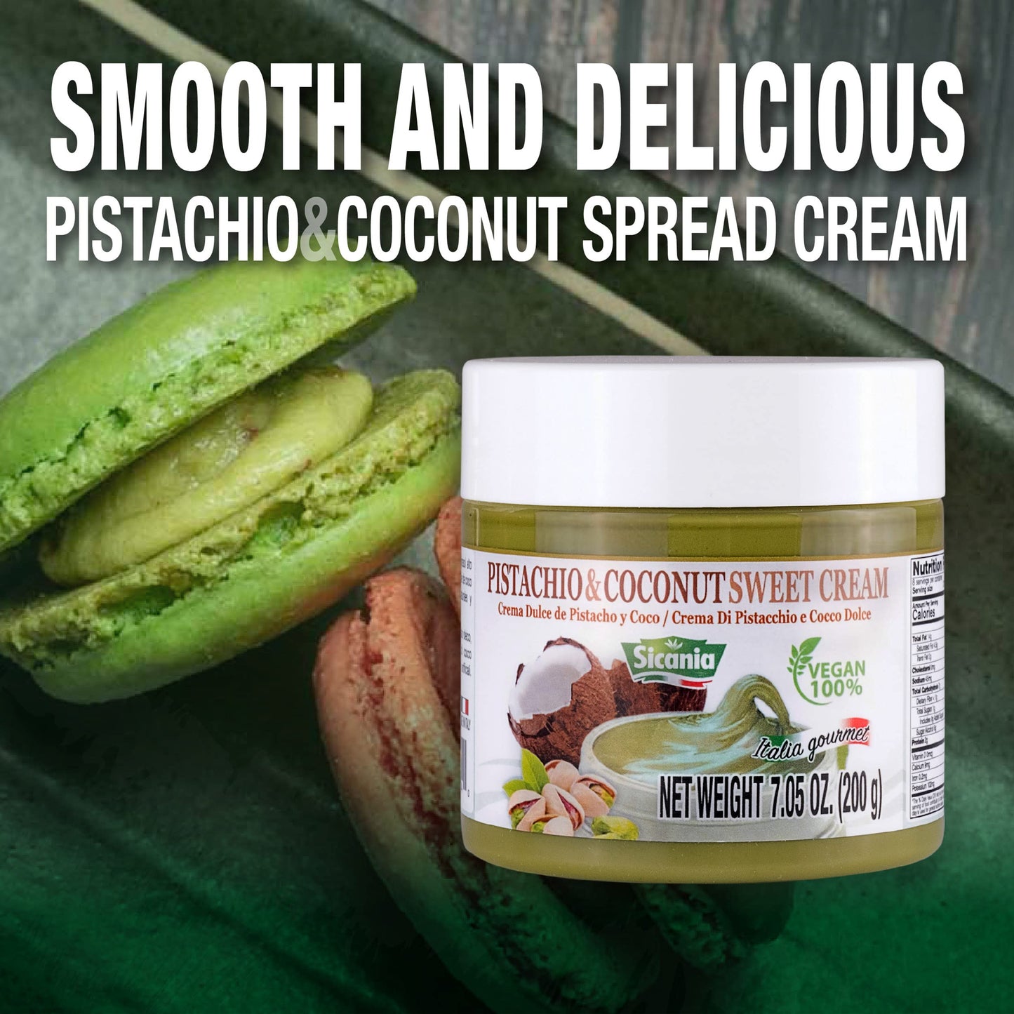 SICANIA Pistachio and Coconut Vegan Cream - 100% Italian Made, Non-GMO, Dairy-Gluten Free, Palm Oil-Free, Sugar-Free - Ideal for