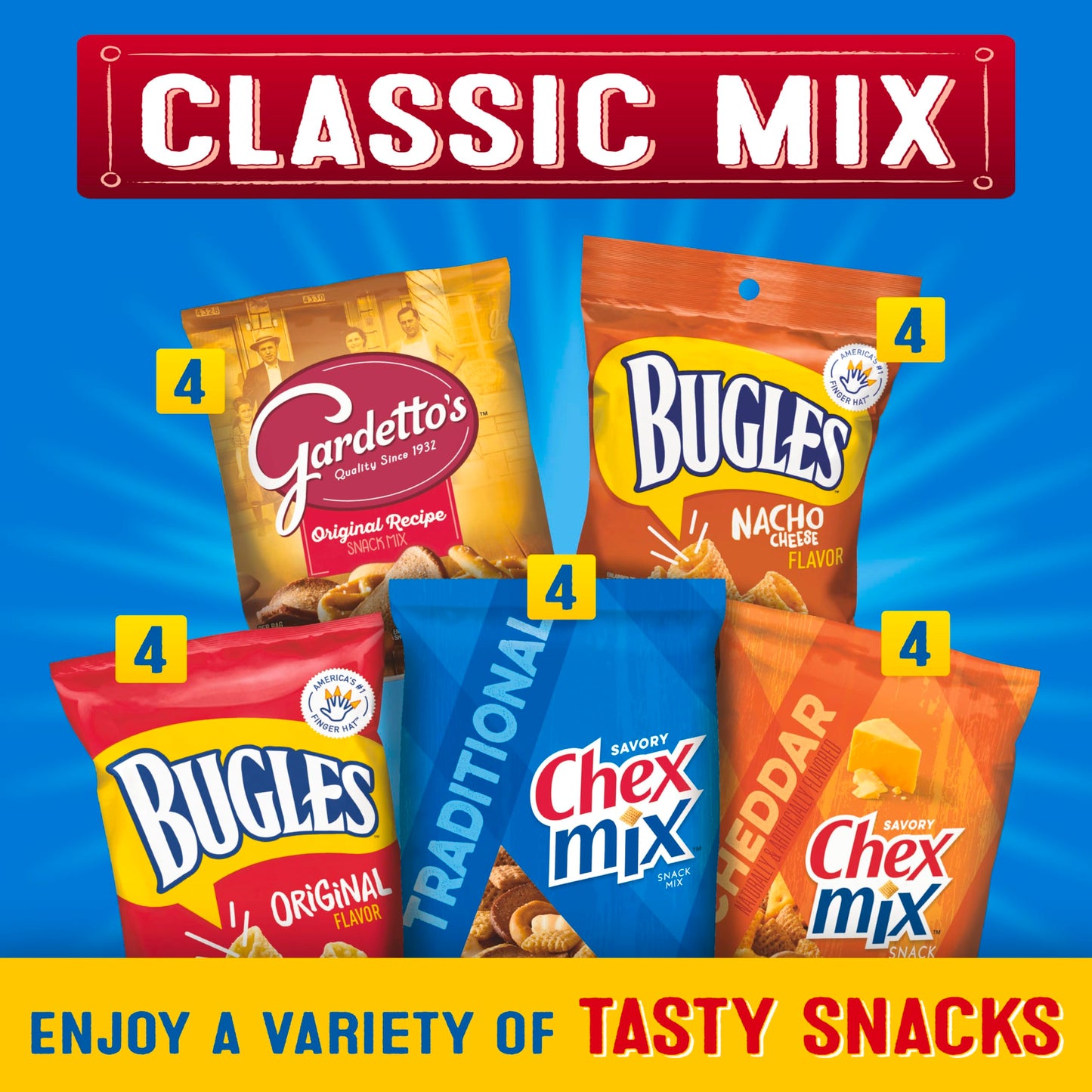 Classic Mix Snack Variety Pack, Bugles Original & Nacho Cheese, Gardettos Original Recipe, Chex Mix Traditional & Cheddar, 28 oz