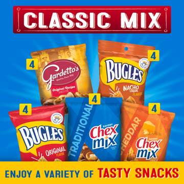 Classic Mix Snack Variety Pack, Bugles Original & Nacho Cheese, Gardettos Original Recipe, Chex Mix Traditional & Cheddar, 28 oz