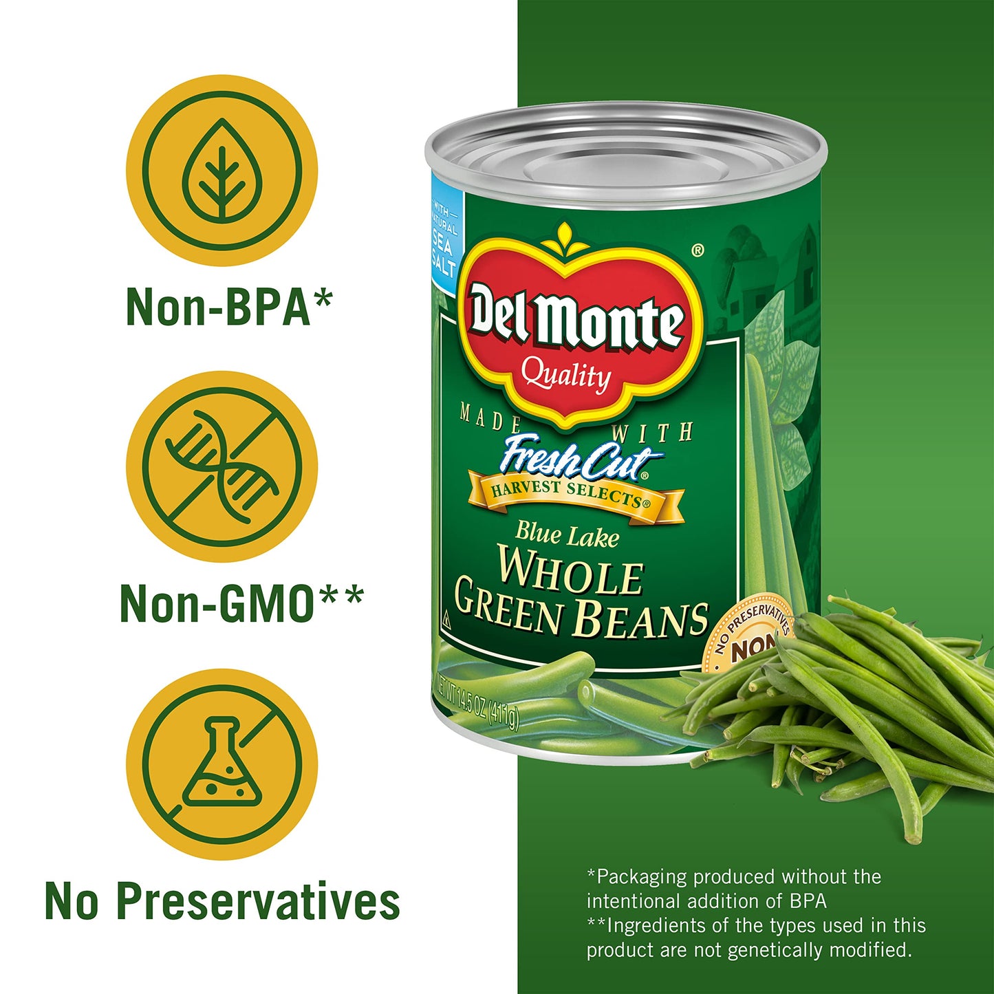 Del Monte Canned Whole Green Beans, 14.5 Ounce (Pack Of 12)