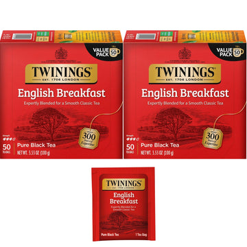 Twinings English Breakfast Individually Wrapped Tea Bags, 50 Count (Pack Of 2), Flavorful, Robust Caffeinated Black Tea, Enjoy Hot Or Iced