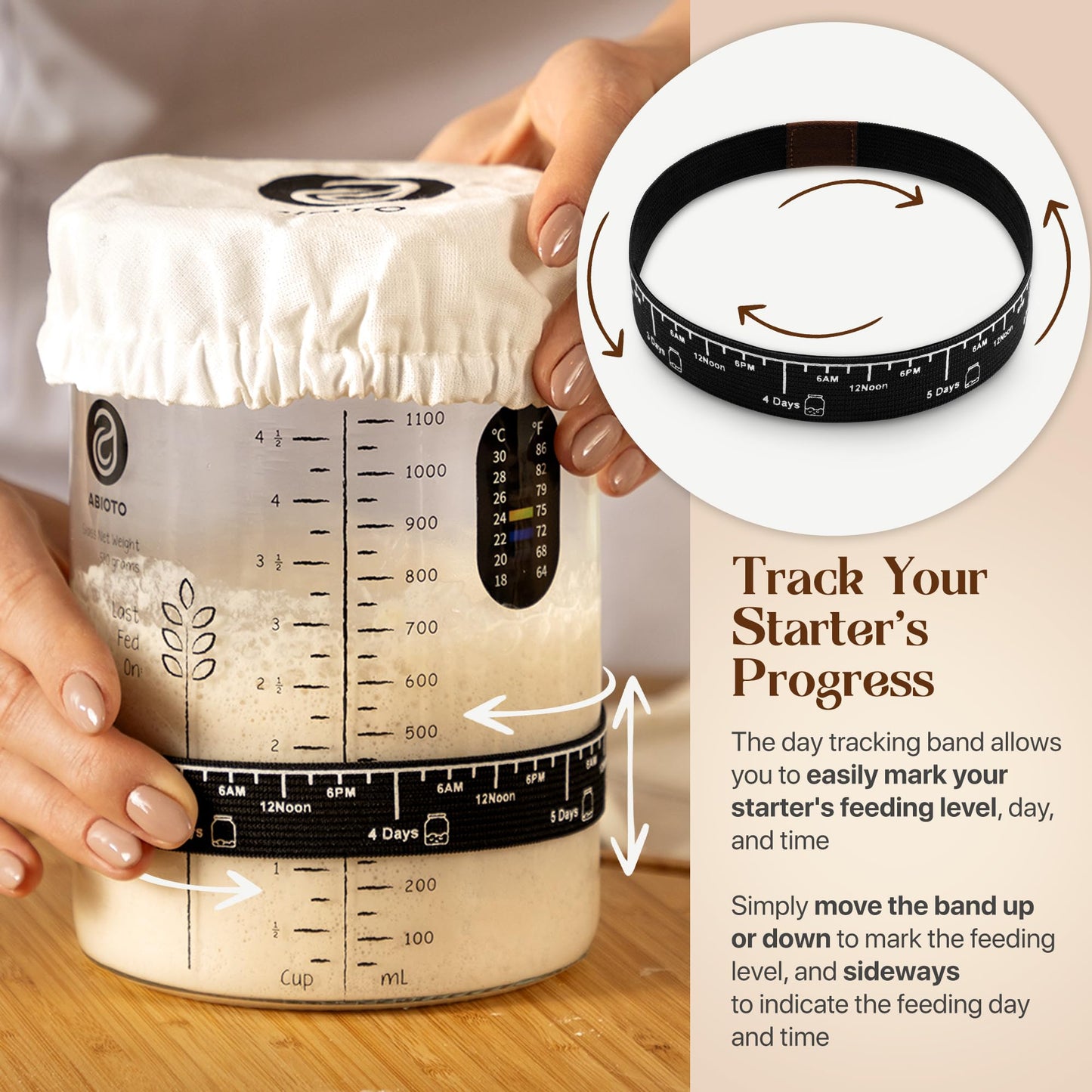 ABIOTO Sourdough Starter Kit with 40 oz Glass Jar, Thermometer Strips, and Covers - Transparent Glass, Model SSK-1200ml