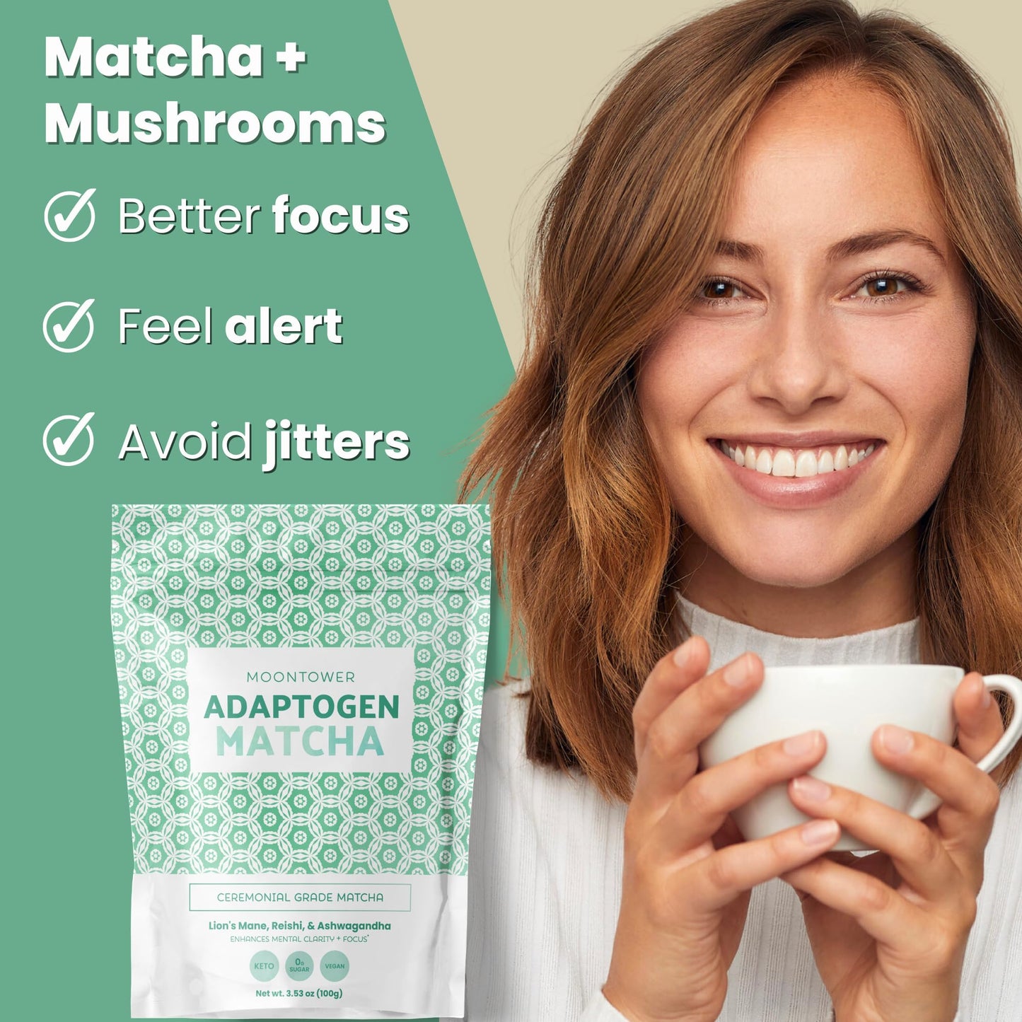 Organic Mushroom Matcha Powder - Ceremonial Grade Green Tea With Lion'S Mane, Reishi & Ashwagandha Mushrooms, Superfood Latte Mi