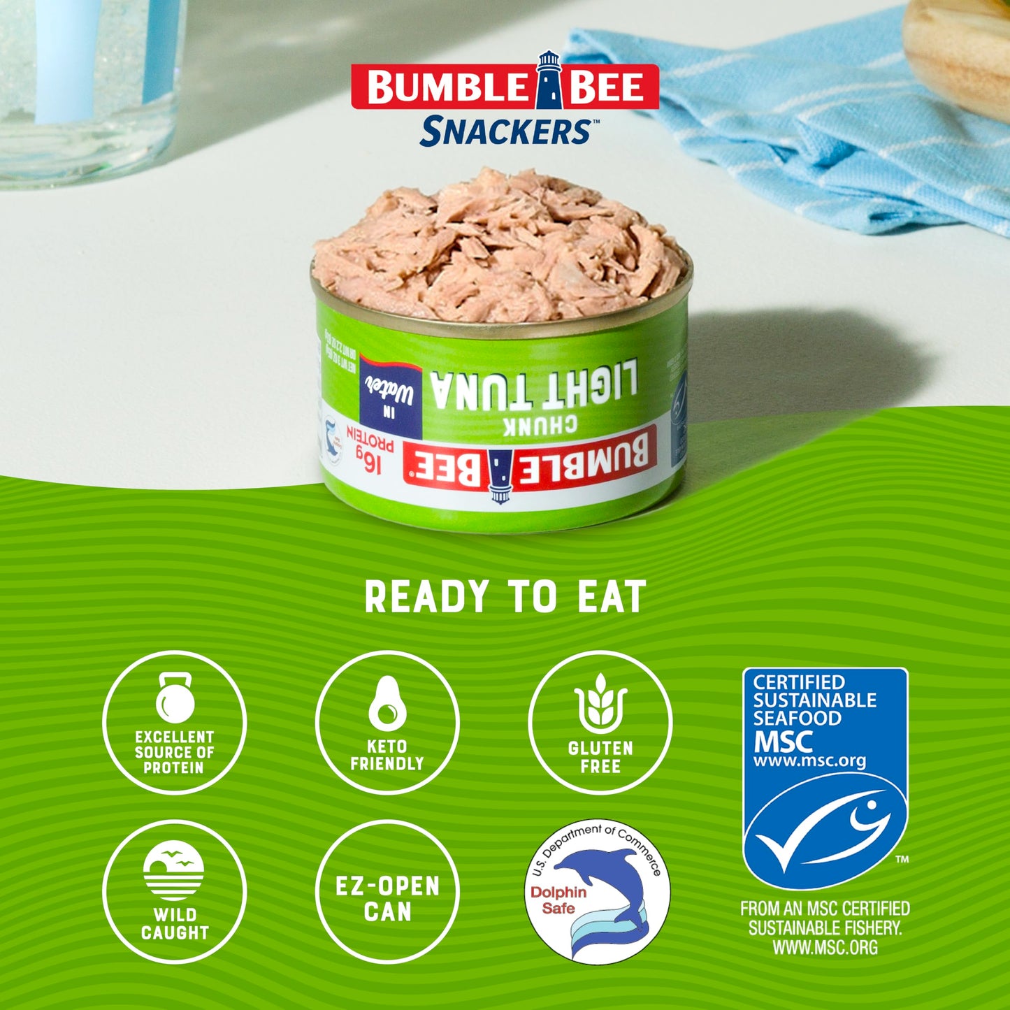 Bumble Bee Snackers - Chunk Light Tuna, 3 oz Easy Open Can - 16g Protein per Serving - Wild Caught Skipjack Chunk Light Tuna Pac