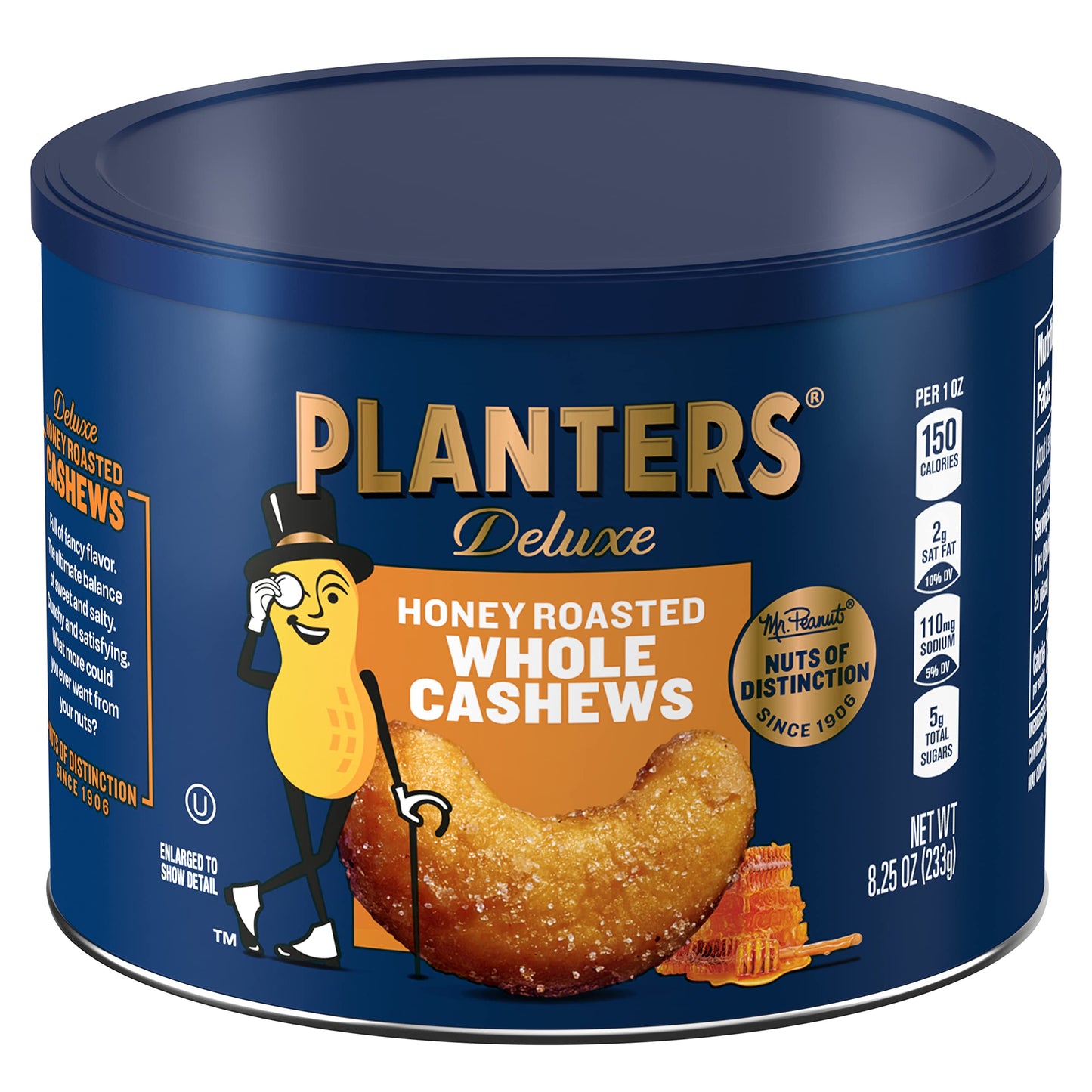 PLANTERS Deluxe Honey Roasted Whole Cashews, Sweet & Salty Snacks, 8.25oz (3 Canisters)