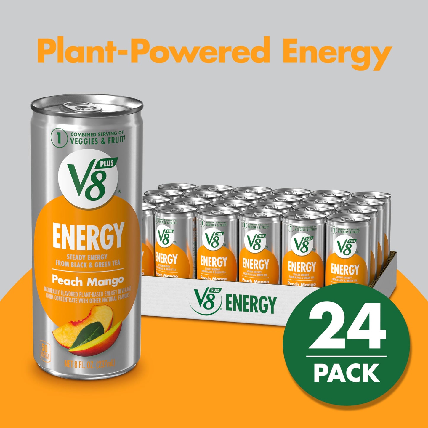 V8 Peach Mango Energy Drink, 8 Fl Oz Can, Pack of 24, Made with Real Juices