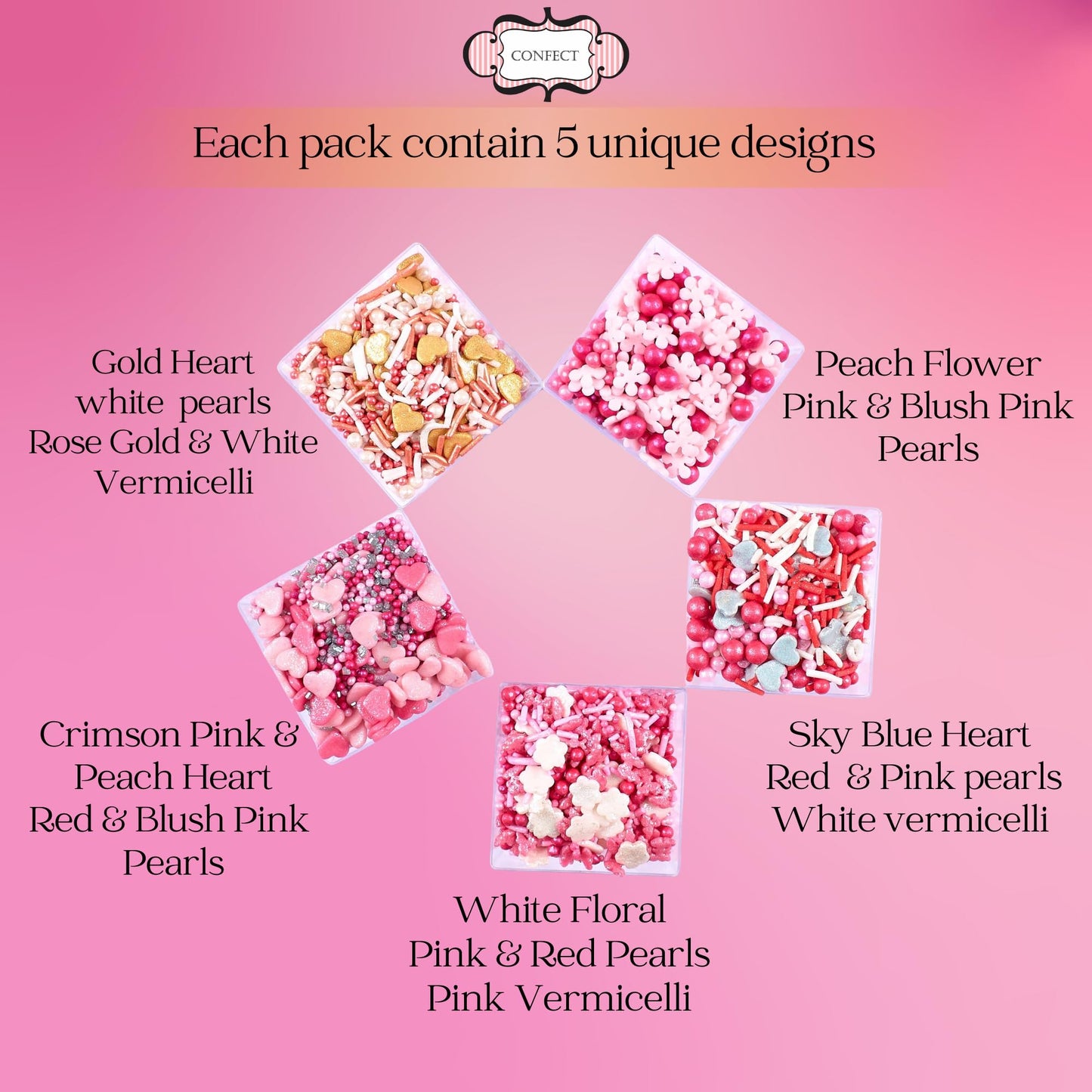 Pretty In Pink, Gold & White Pearl Sprinkles Mix - Edible Heart Sprinkles For Cakes, Cupcakes, Cookies - Spring, Birthday & Baki