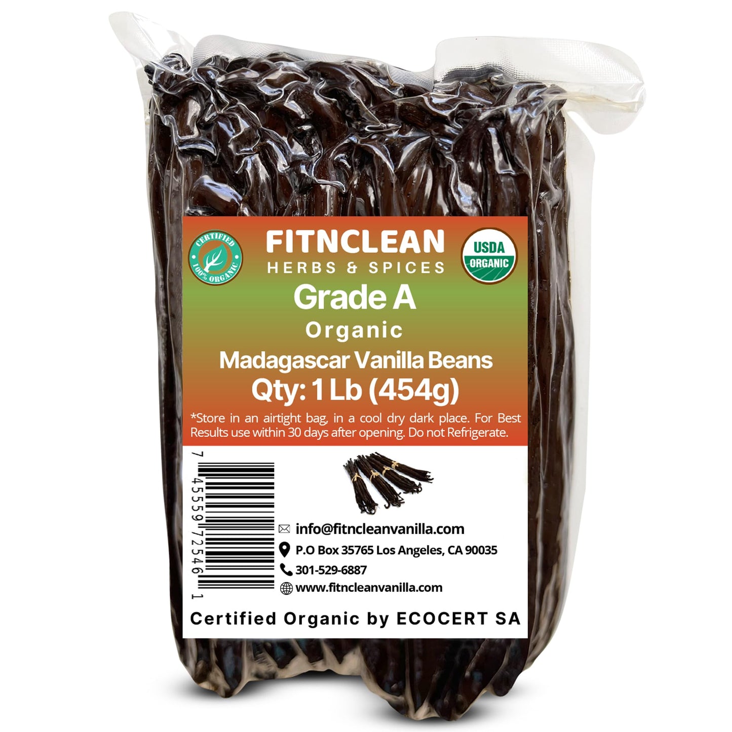 FITNCLEAN VANILLA Organic Madagascar Vanilla Beans Grade A 1Lb Non-GMO Whole Pods 7-8 for Cooking and Extracts