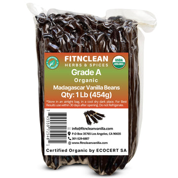 FITNCLEAN VANILLA Organic Madagascar Vanilla Beans Grade A 1Lb Non-GMO Whole Pods 7-8 for Cooking and Extracts