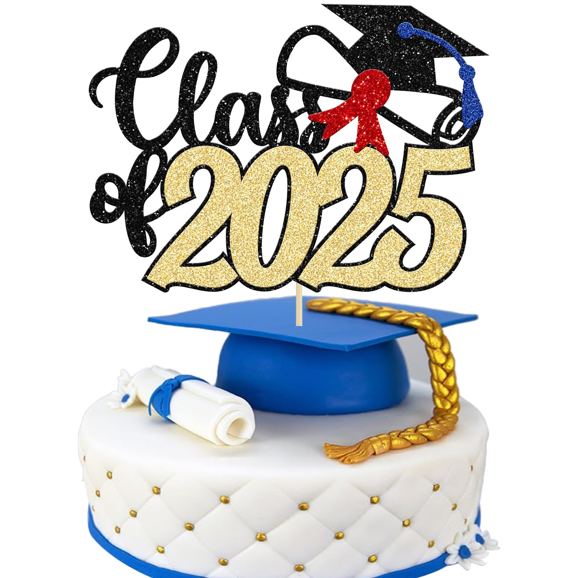 Gyufise 1 Pack Class Of 2025 Cake Topper Gold Glitter Diploma Cap 2025 Graduation Cake Pick Decoration For Senior High School University College Graduation Congrats Grad Party Decorations