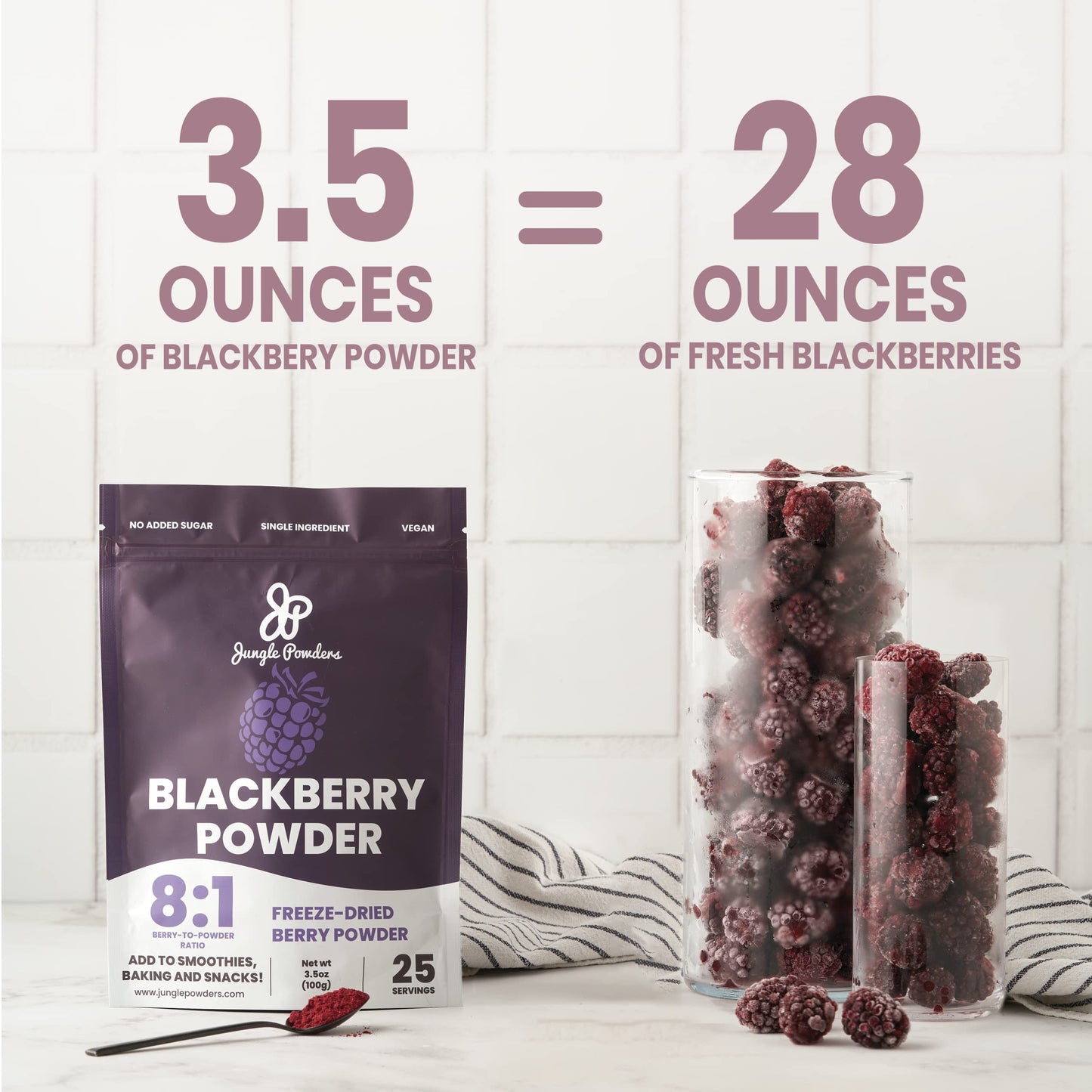 Jungle Powders Blackberry Powder 3.5 Ounce Bag Freeze Dried Blackberries Fruit Additive Free Unsweetened Smoothie Superfood Nord
