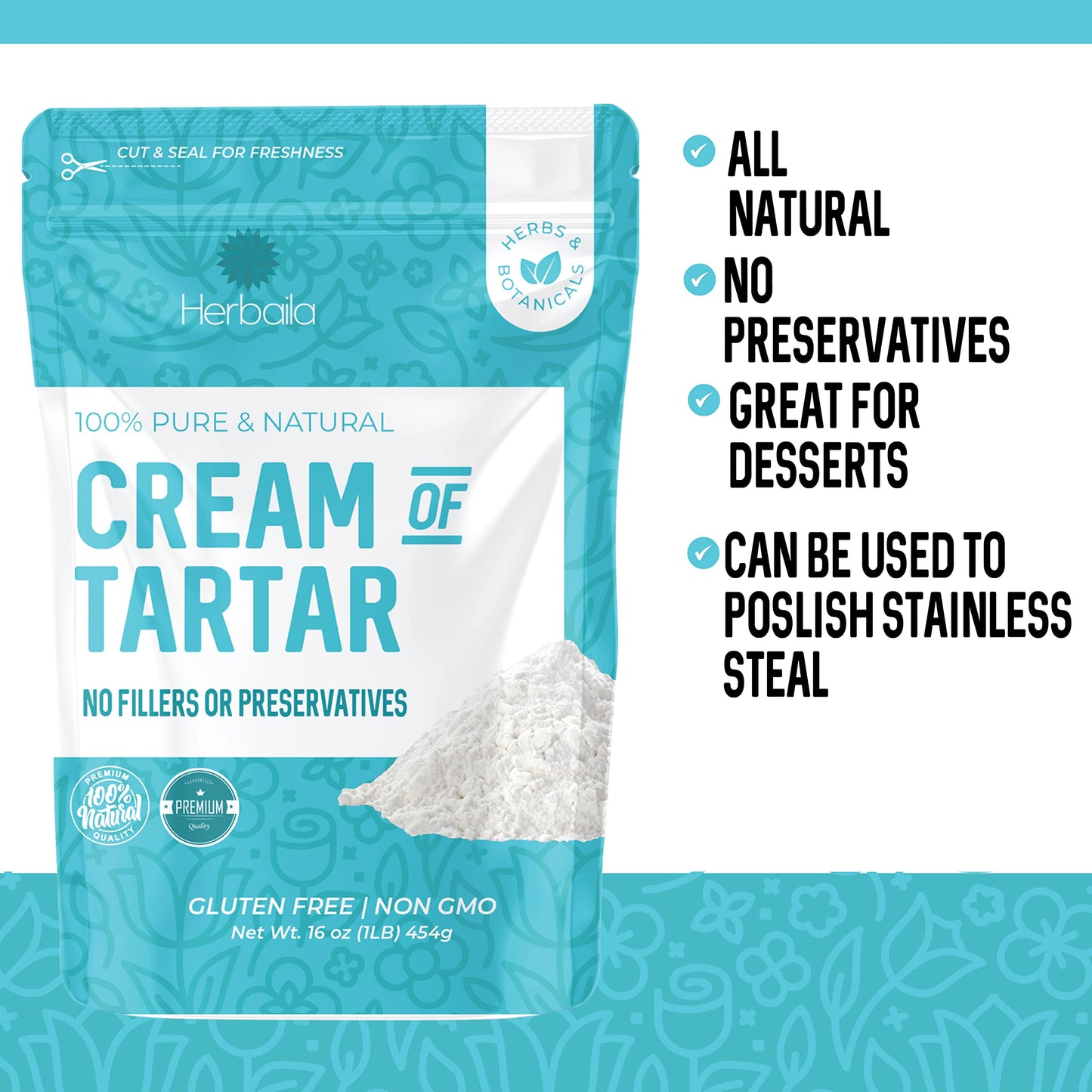 Herbaila Cream of Tartar for Baking 1lb  Gluten Free  enhanced All Natural Food-grade Cream of tartar bulk  natural choice tartar powder - great for meringues  bath  s  cream of tarter 1 lb