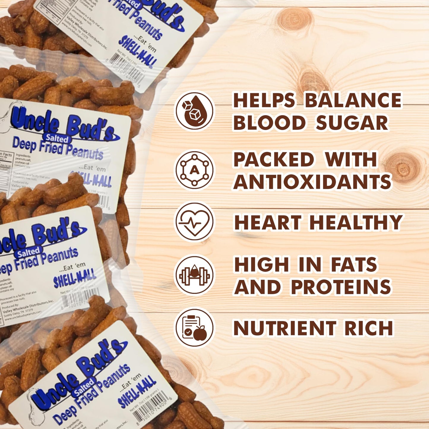 Jerky-n-Spice Uncle Buds Deep Fried Salted Peanuts In Shell 4-Pack | High Protein Snack, Travel-Friendly, Bulk Peanuts