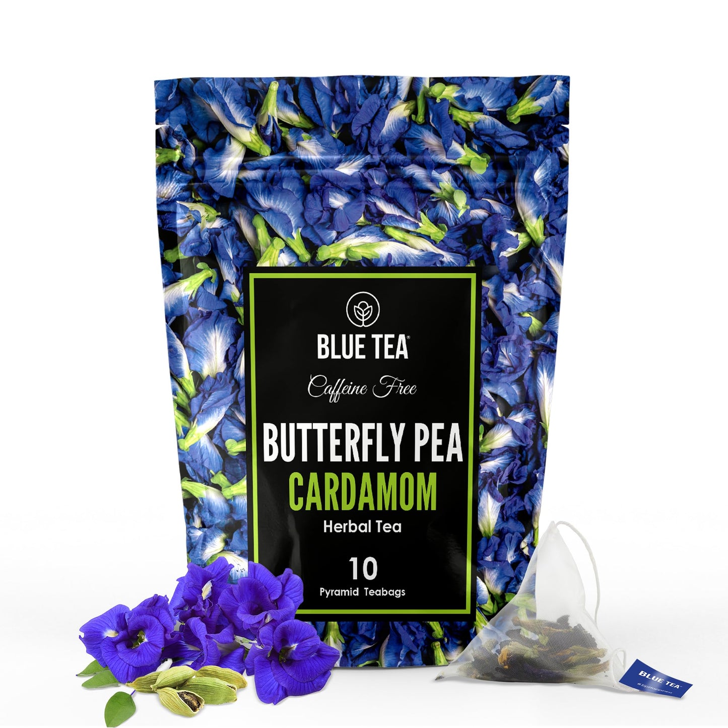 BLUE TEA Butterfly Pea Flower Cardamom Herbal Tea - Caffeine Free, 10 Tea Bags, Non-GMO, Blue Color