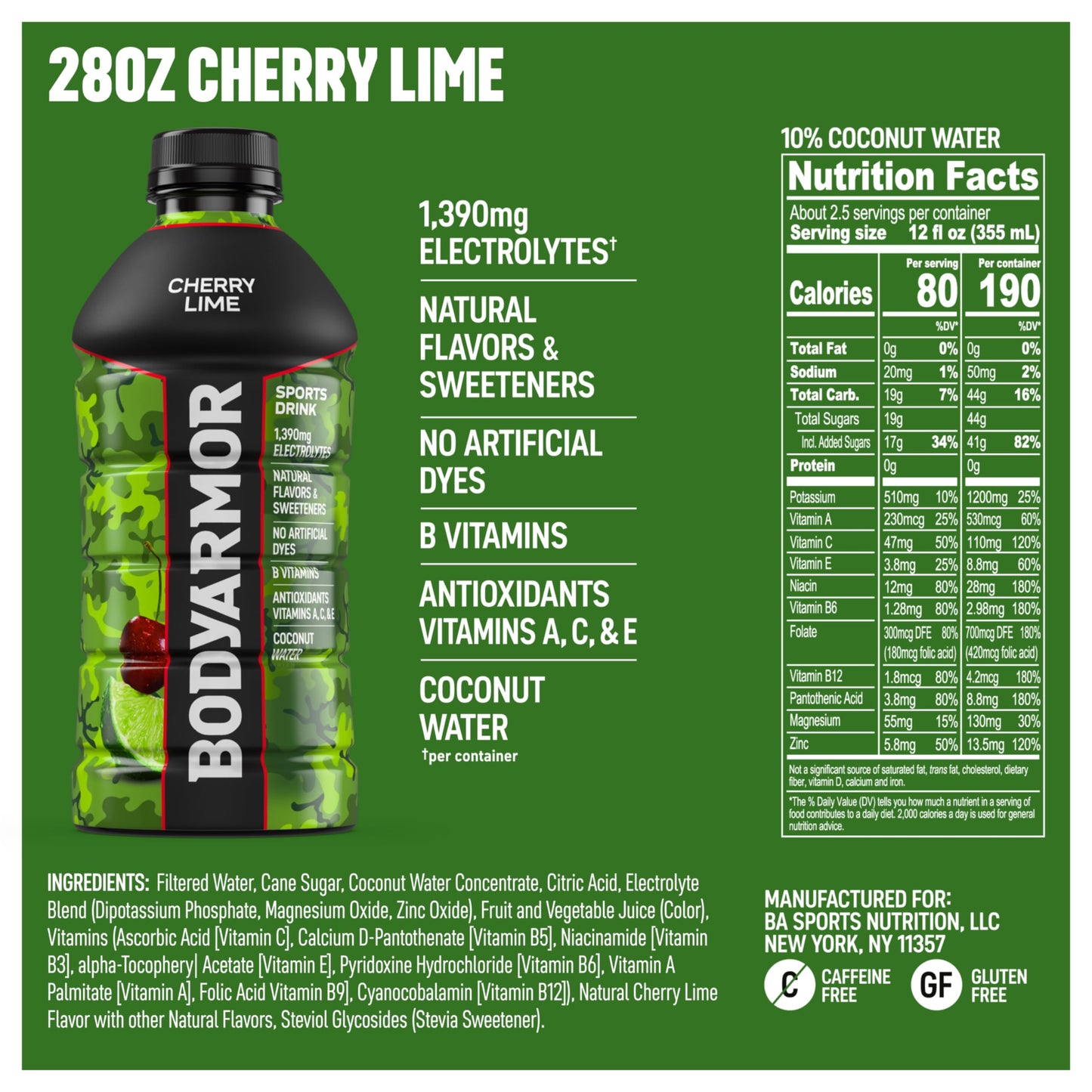 BODYprotective covering Sports Drink  Cherry Lime  Electrolyte Drink Hydration  28 Fl Oz Bottles (15 Pack)  Flavored Coconut Water with B Vitamins & Antioxidants