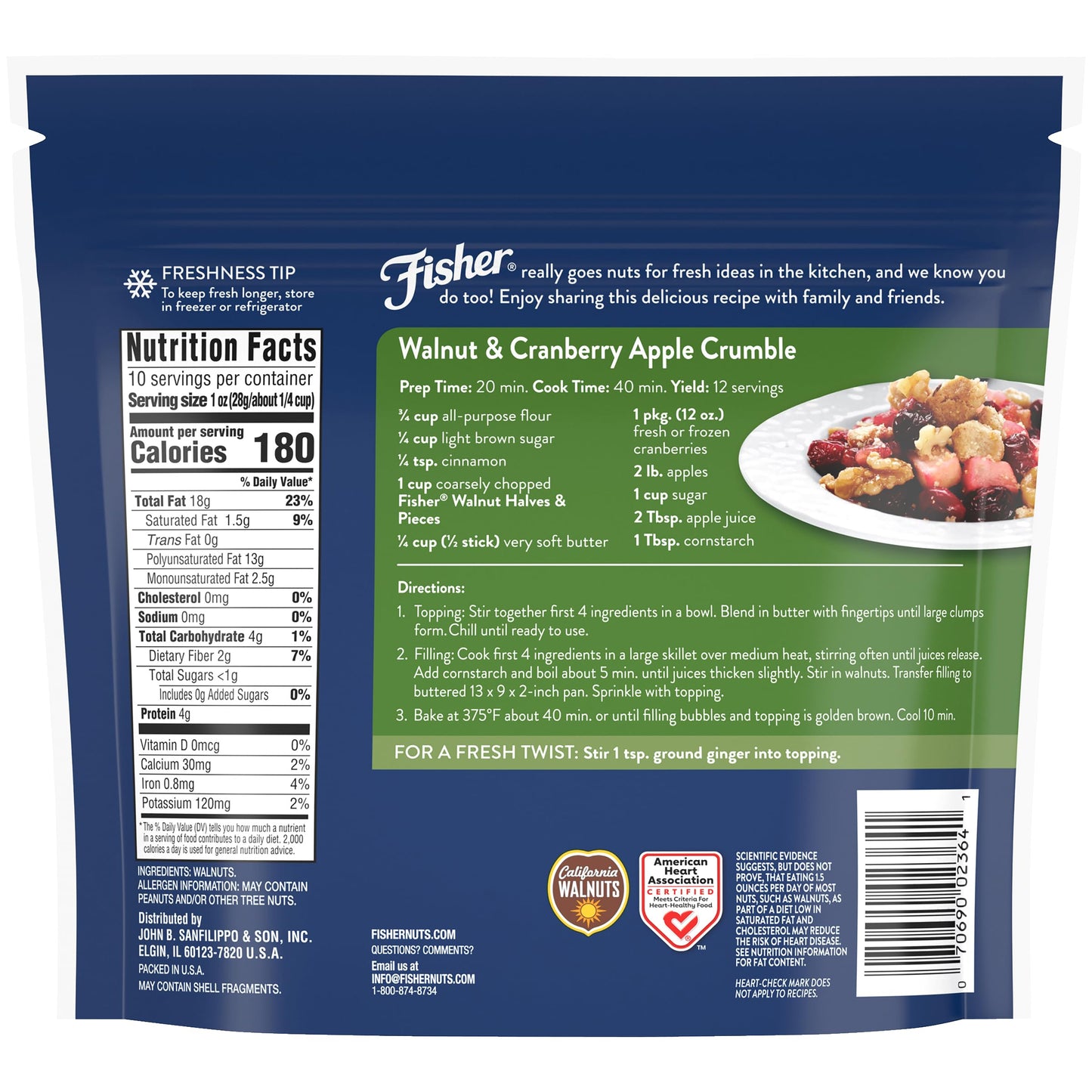Fisher Walnut Halves & Pieces, 10 oz, Unsalted, Vegan Protein, Brown, Model 070690023641, Resealable Bag