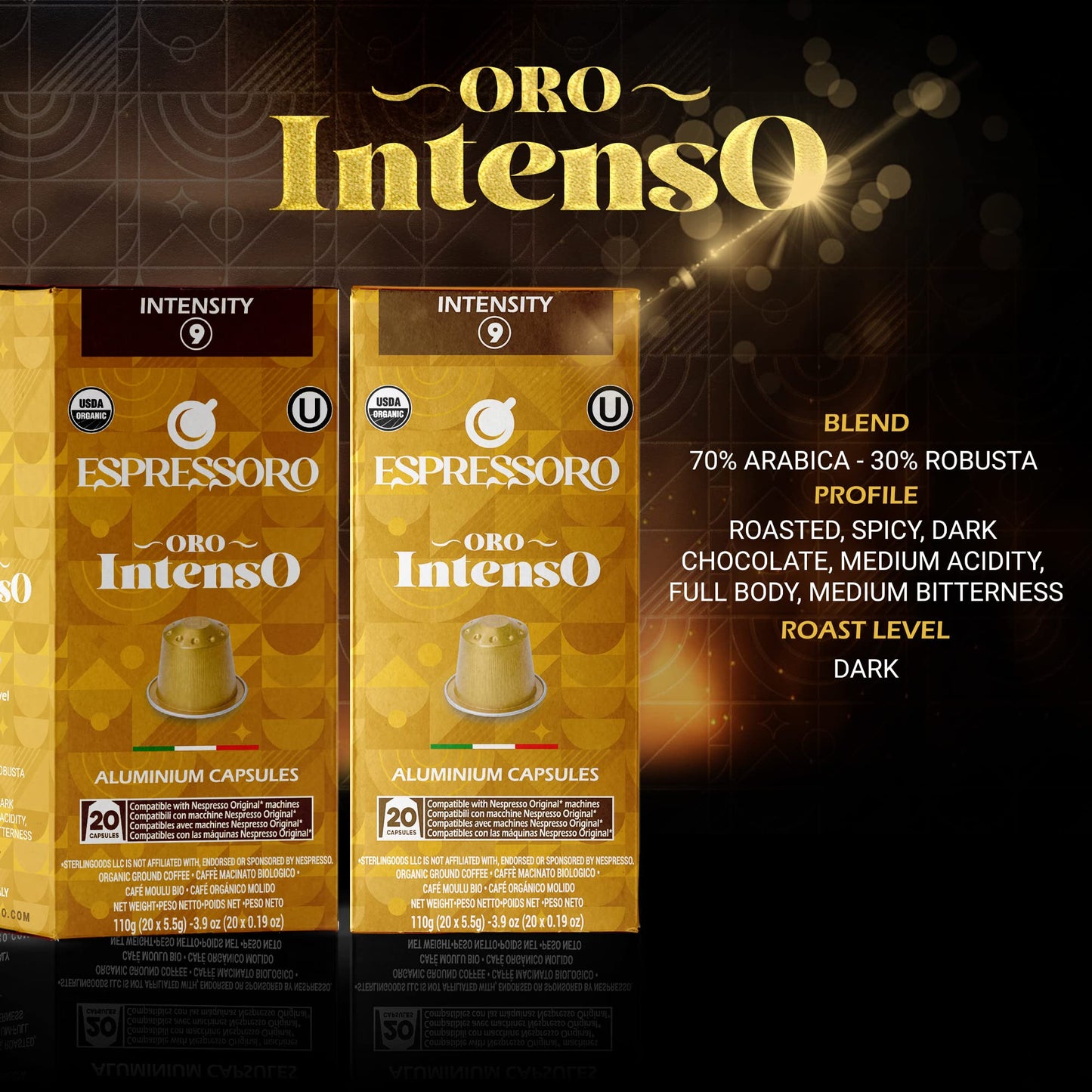 Espressoro Organic Espresso Pods - INTENSO, 20 Count Pack of 5, Aluminum compact pieces for Nespresso Original Lines, Intensity 9